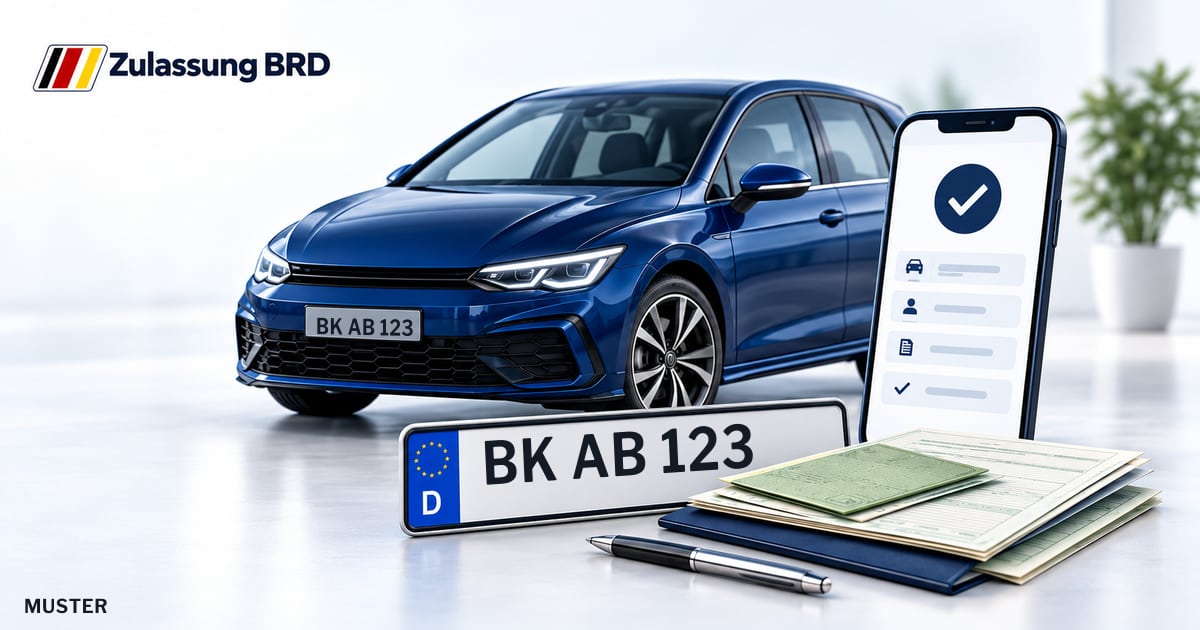 Online Fahrzeugzulassung in Murrhardt: Musterkennzeichen BK AB 123, Auto und Fahrzeugpapiere und Smartphone. Illustration mit Logo von Zulassung BRD.